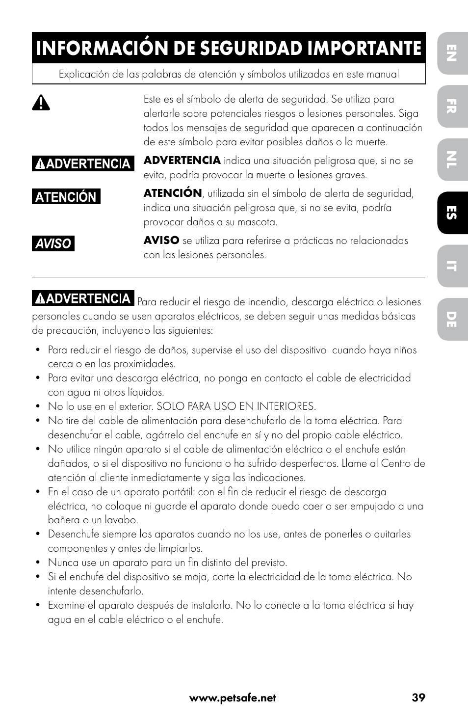 Información de seguridad importante | Petsafe Drinkwell® Original Pet Fountain User Manual | Page 39 / 76