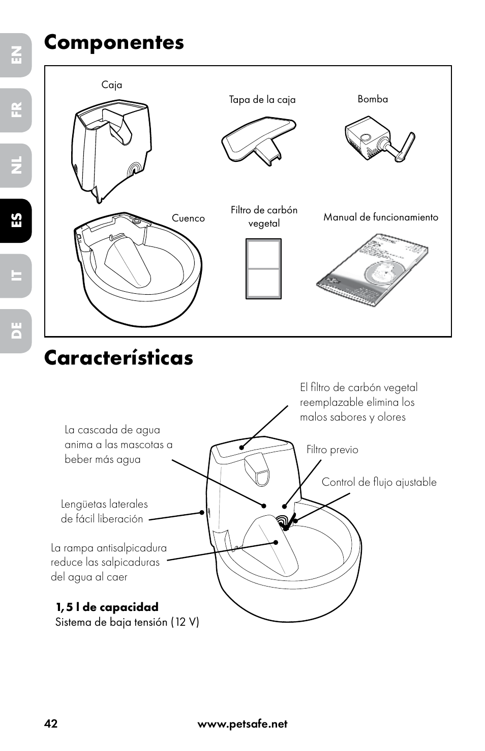 Componentes características, En es fr it nl de | Petsafe Drinkwell® Original Pet Fountain User Manual | Page 42 / 76