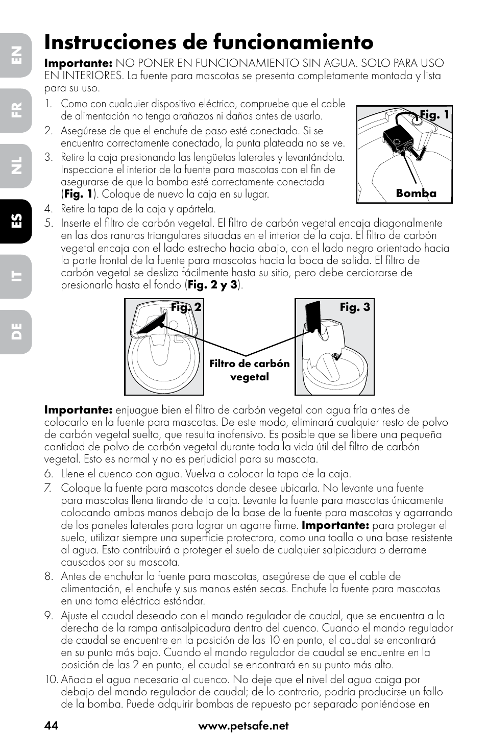 Instrucciones de funcionamiento | Petsafe Drinkwell® Original Pet Fountain User Manual | Page 44 / 76