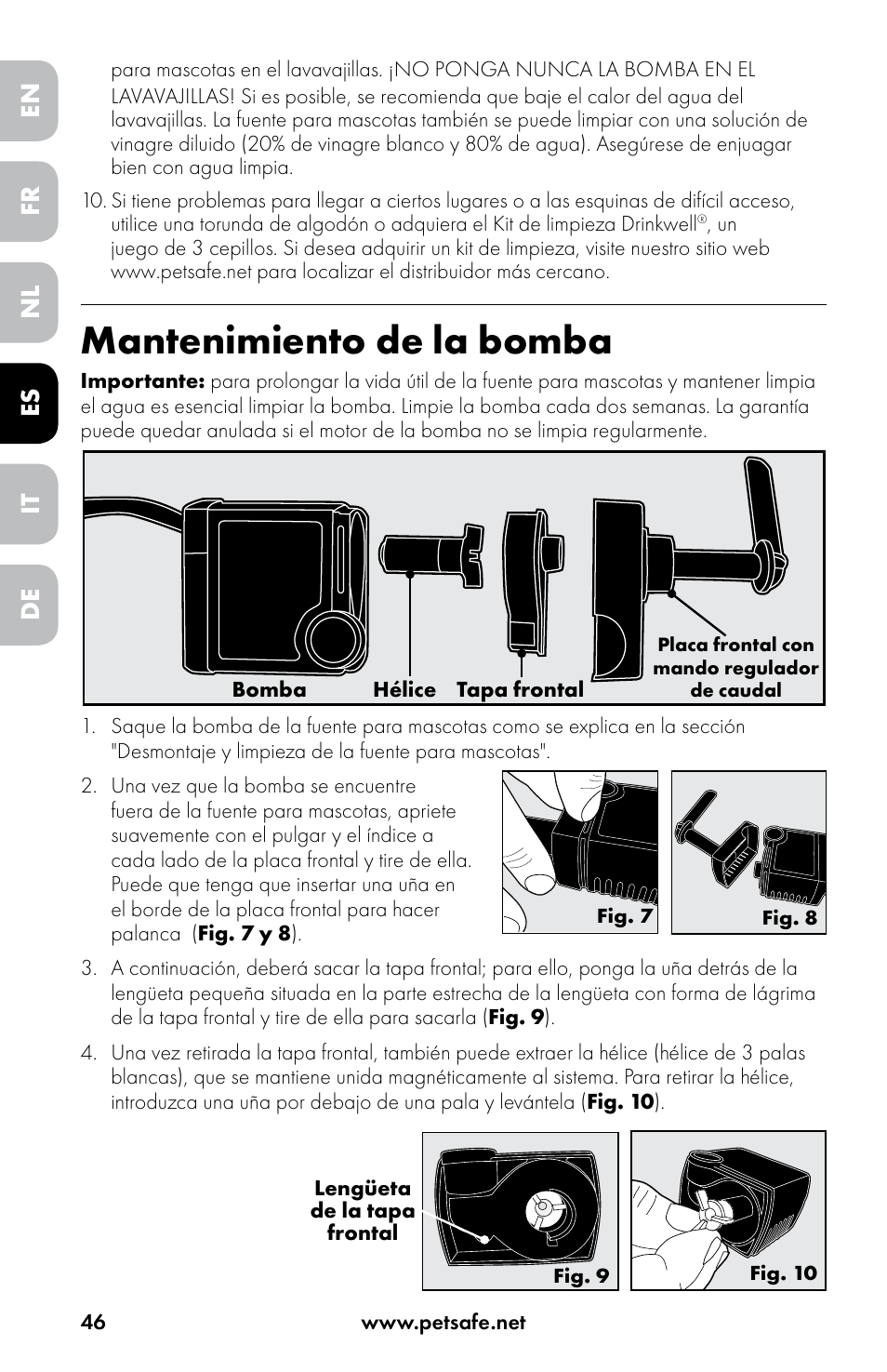 Mantenimiento de la bomba, En es fr it nl de | Petsafe Drinkwell® Original Pet Fountain User Manual | Page 46 / 76