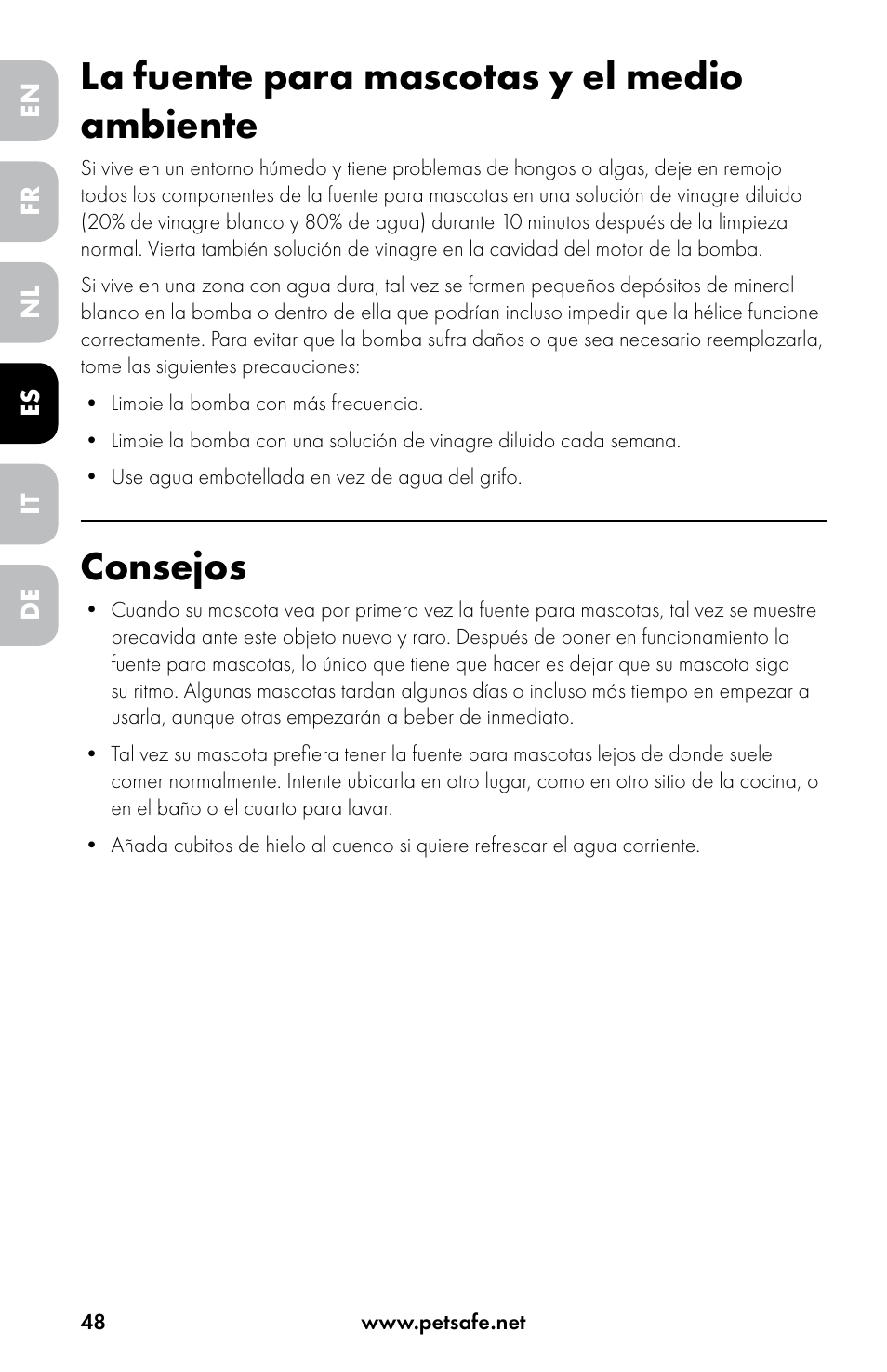 La fuente para mascotas y el medio ambiente, Consejos | Petsafe Drinkwell® Original Pet Fountain User Manual | Page 48 / 76