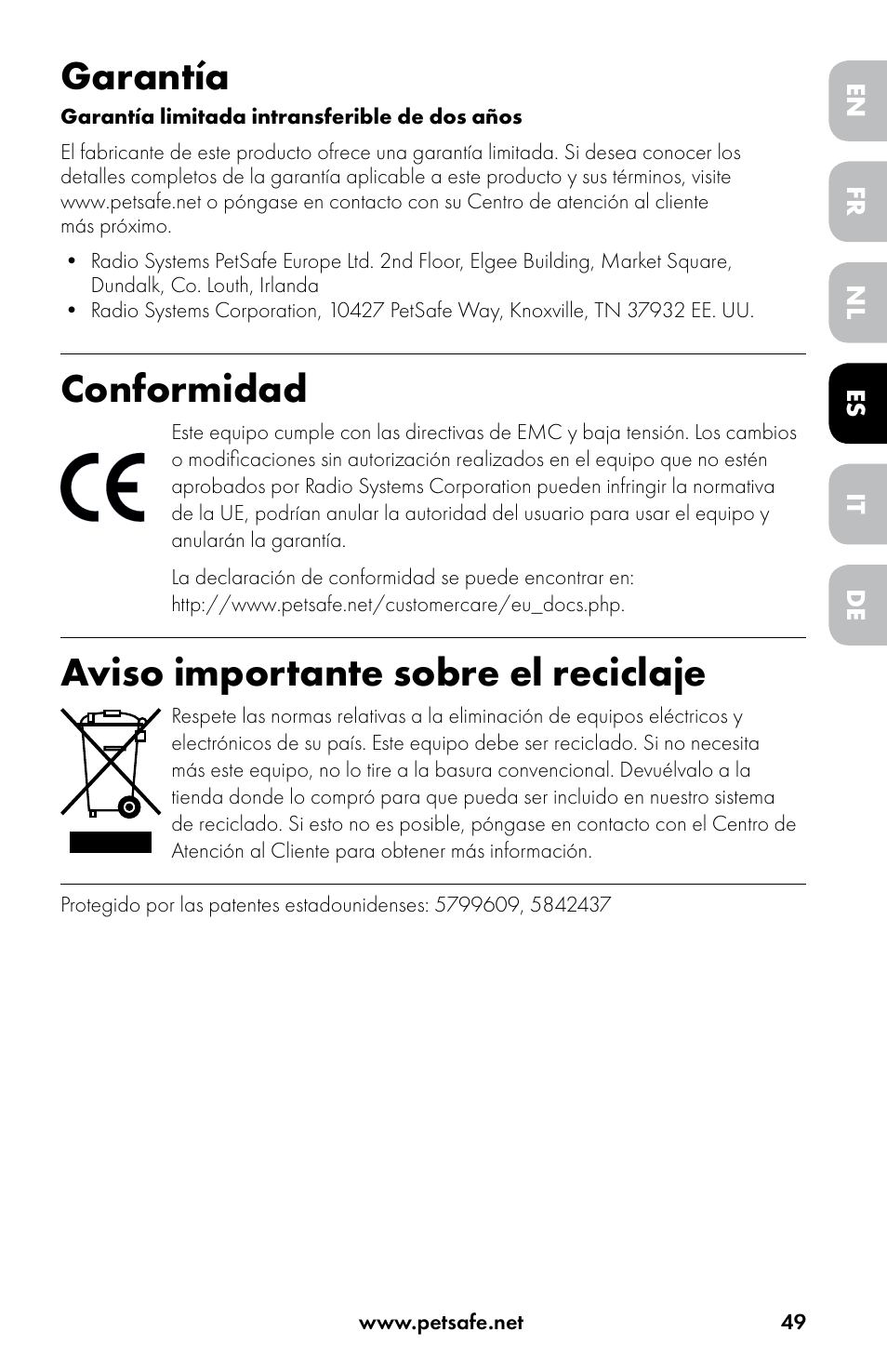 Garantía, Conformidad, Aviso importante sobre el reciclaje | Petsafe Drinkwell® Original Pet Fountain User Manual | Page 49 / 76