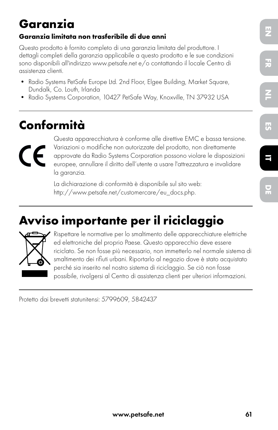 Garanzia, Conformità, Avviso importante per il riciclaggio | Petsafe Drinkwell® Original Pet Fountain User Manual | Page 61 / 76