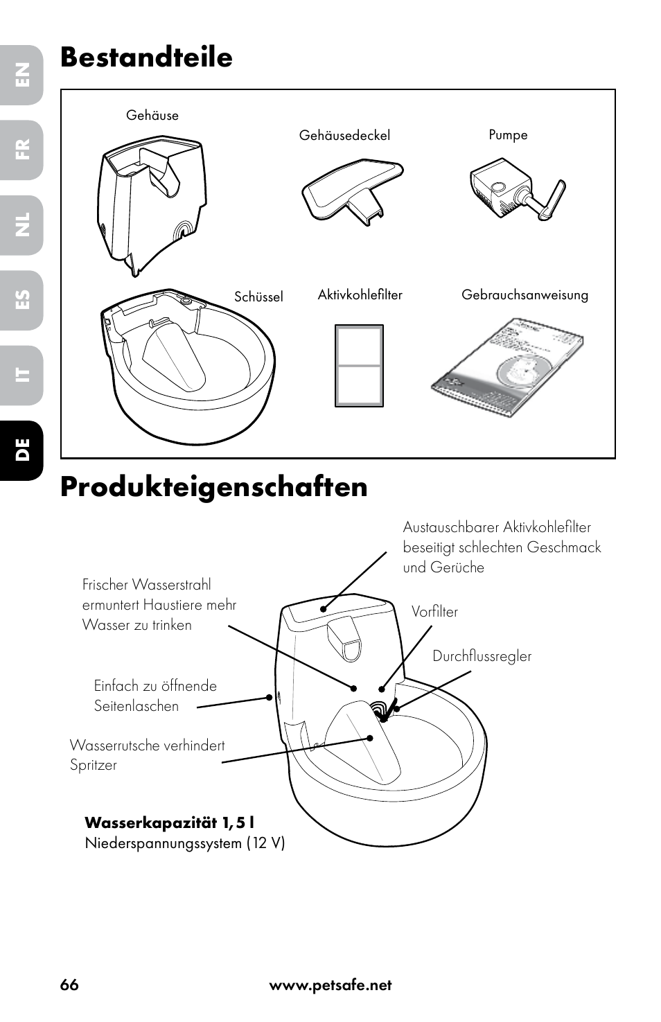 Bestandteile produkteigenschaften, En es fr it nl de | Petsafe Drinkwell® Original Pet Fountain User Manual | Page 66 / 76