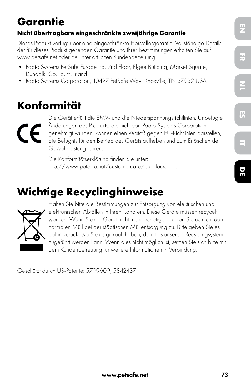 Garantie, Konformität, Wichtige recyclinghinweise | Petsafe Drinkwell® Original Pet Fountain User Manual | Page 73 / 76