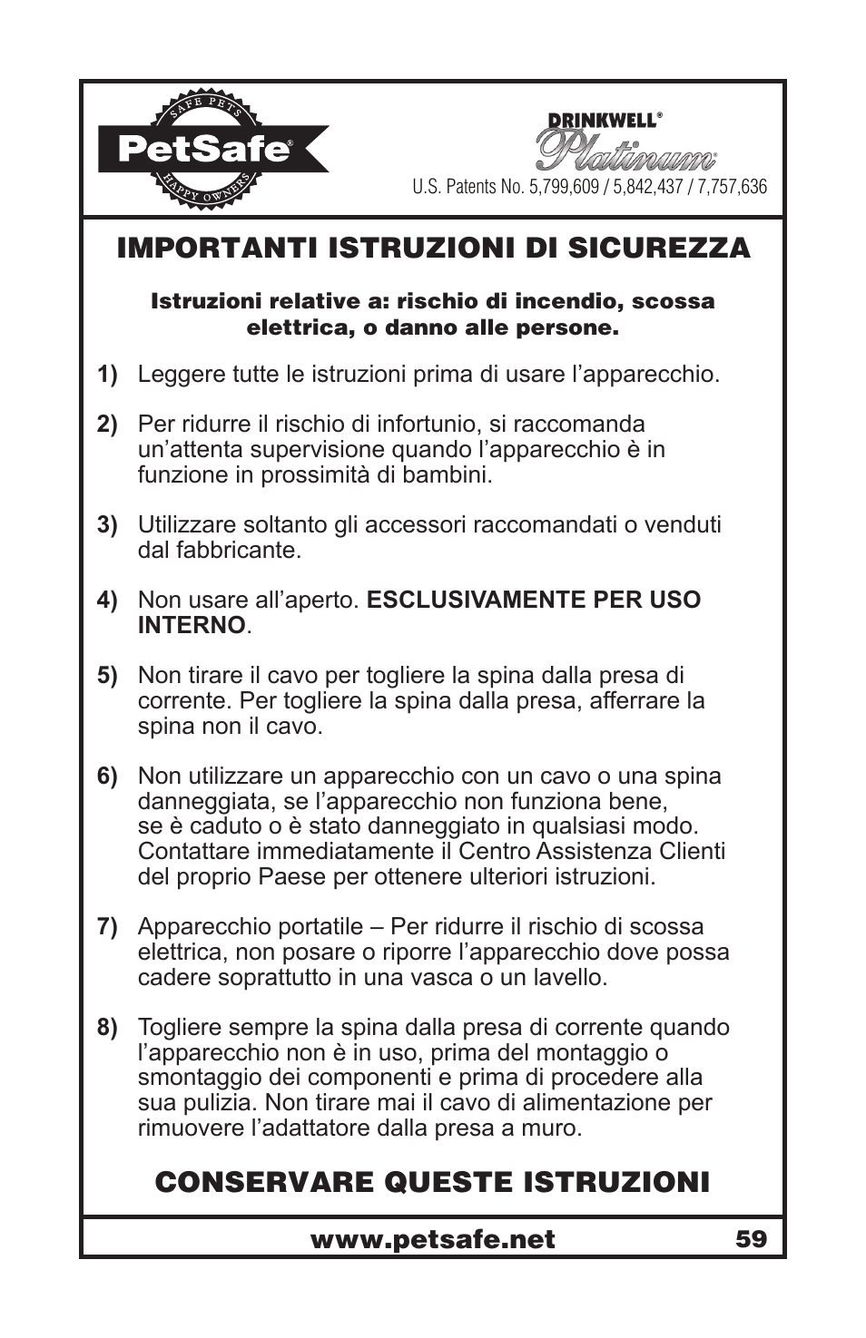 Importanti istruzioni di sicurezza, Conservare queste istruzioni | Petsafe Drinkwell® Platinum Pet Fountain User Manual | Page 59 / 85