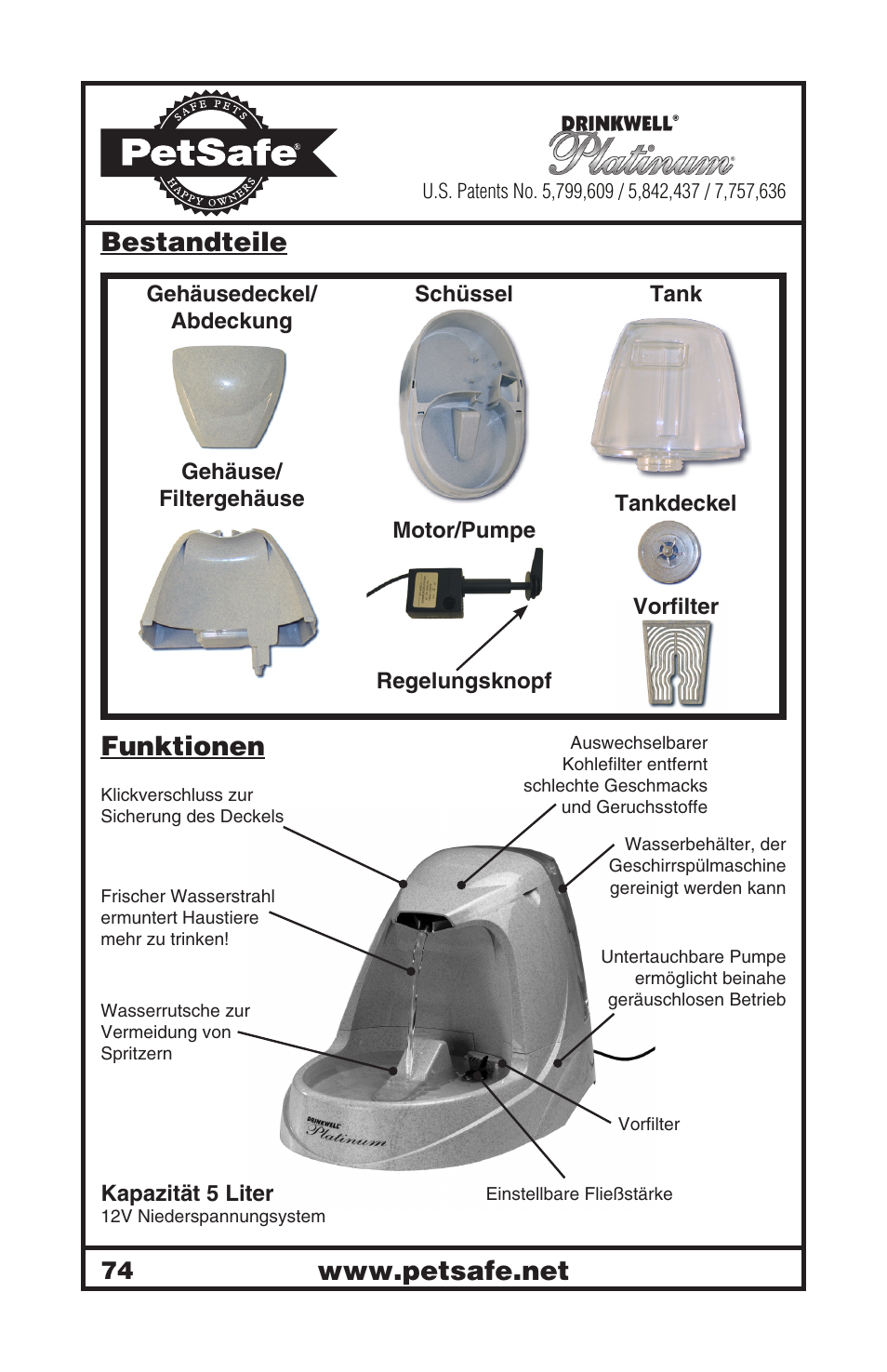 Bestandteile funktionen | Petsafe Drinkwell® Platinum Pet Fountain User Manual | Page 74 / 85