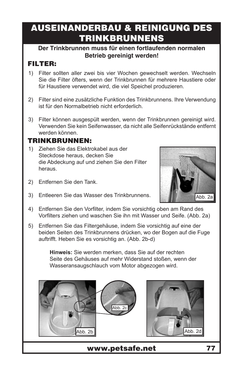 Auseinanderbau & reinigung des trinkbrunnens, Filter, Trinkbrunnen | Petsafe Drinkwell® Platinum Pet Fountain User Manual | Page 77 / 85