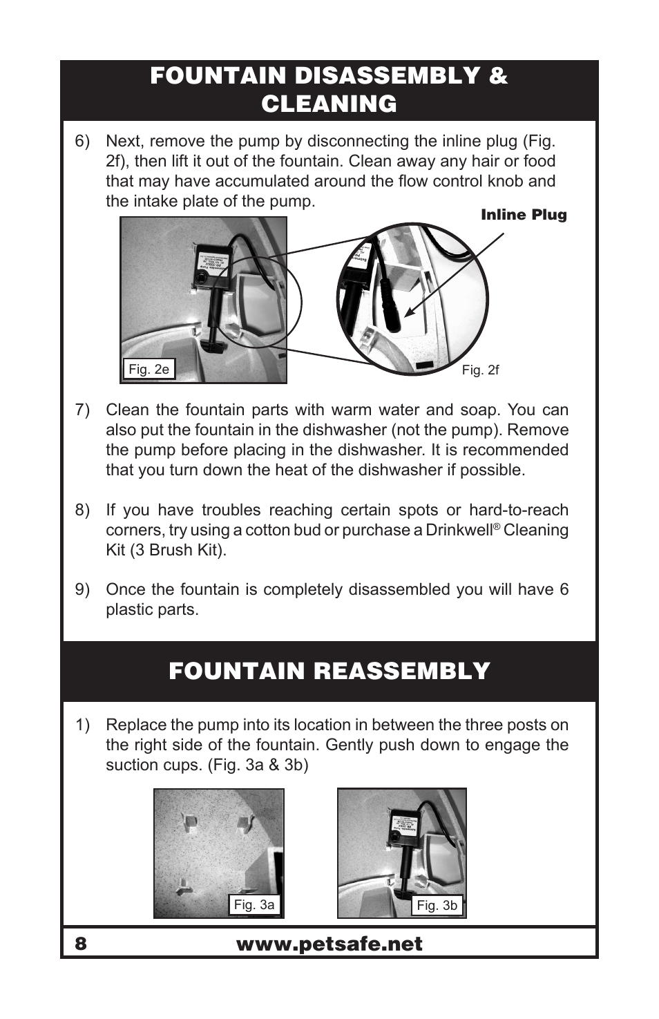 Fountain disassembly & cleaning, Fountain reassembly | Petsafe Drinkwell® Platinum Pet Fountain User Manual | Page 8 / 85