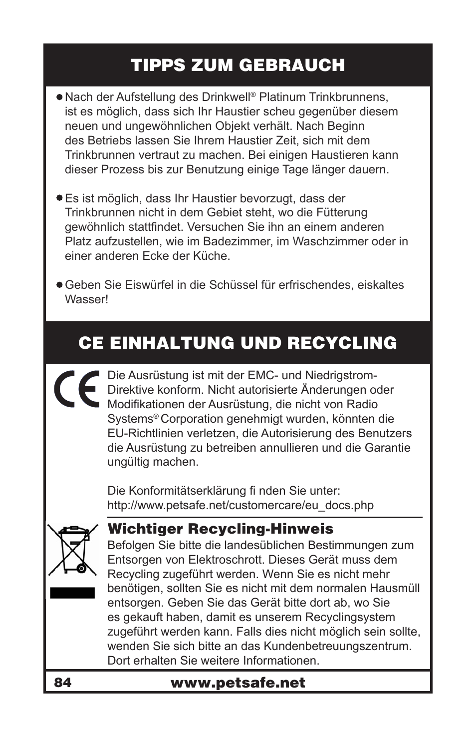 Tipps zum gebrauch, Ce einhaltung und recycling, Wichtiger recycling-hinweis | Petsafe Drinkwell® Platinum Pet Fountain User Manual | Page 84 / 85