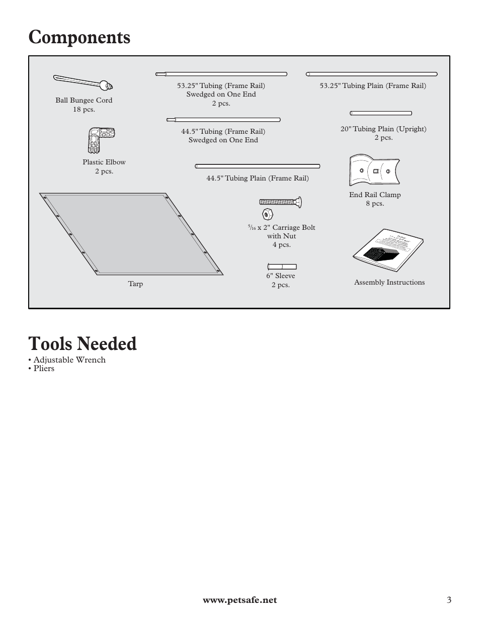 Components, Tools needed, Adjustable wrench • pliers | Petsafe E-Z Roof™ - 7.5’ x 13’ User Manual | Page 3 / 16