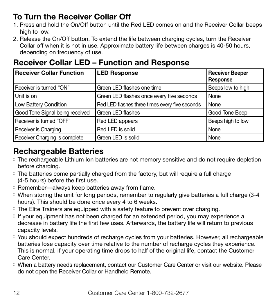 Receiver collar led – function and response, Rechargeable batteries | Petsafe Elite Big Dog Add-A-Dog® Extra Receiver Collar User Manual | Page 12 / 29