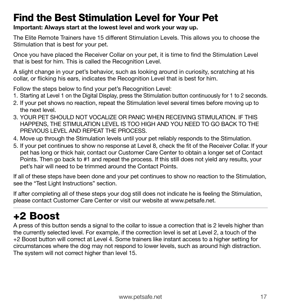 Find the best stimulation level for your pet, 2 boost | Petsafe Elite Big Dog Add-A-Dog® Extra Receiver Collar User Manual | Page 17 / 29