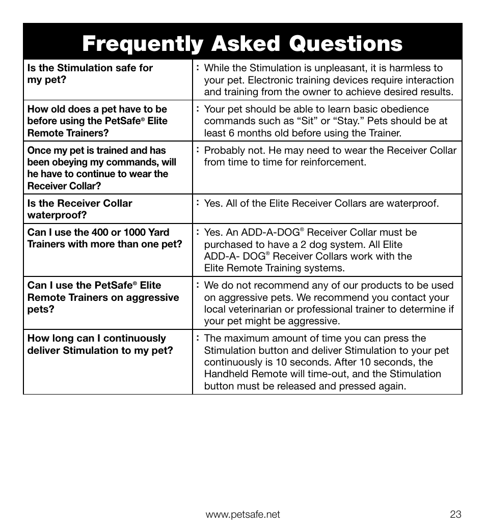 Frequently asked questions | Petsafe Elite Big Dog Add-A-Dog® Extra Receiver Collar User Manual | Page 23 / 29
