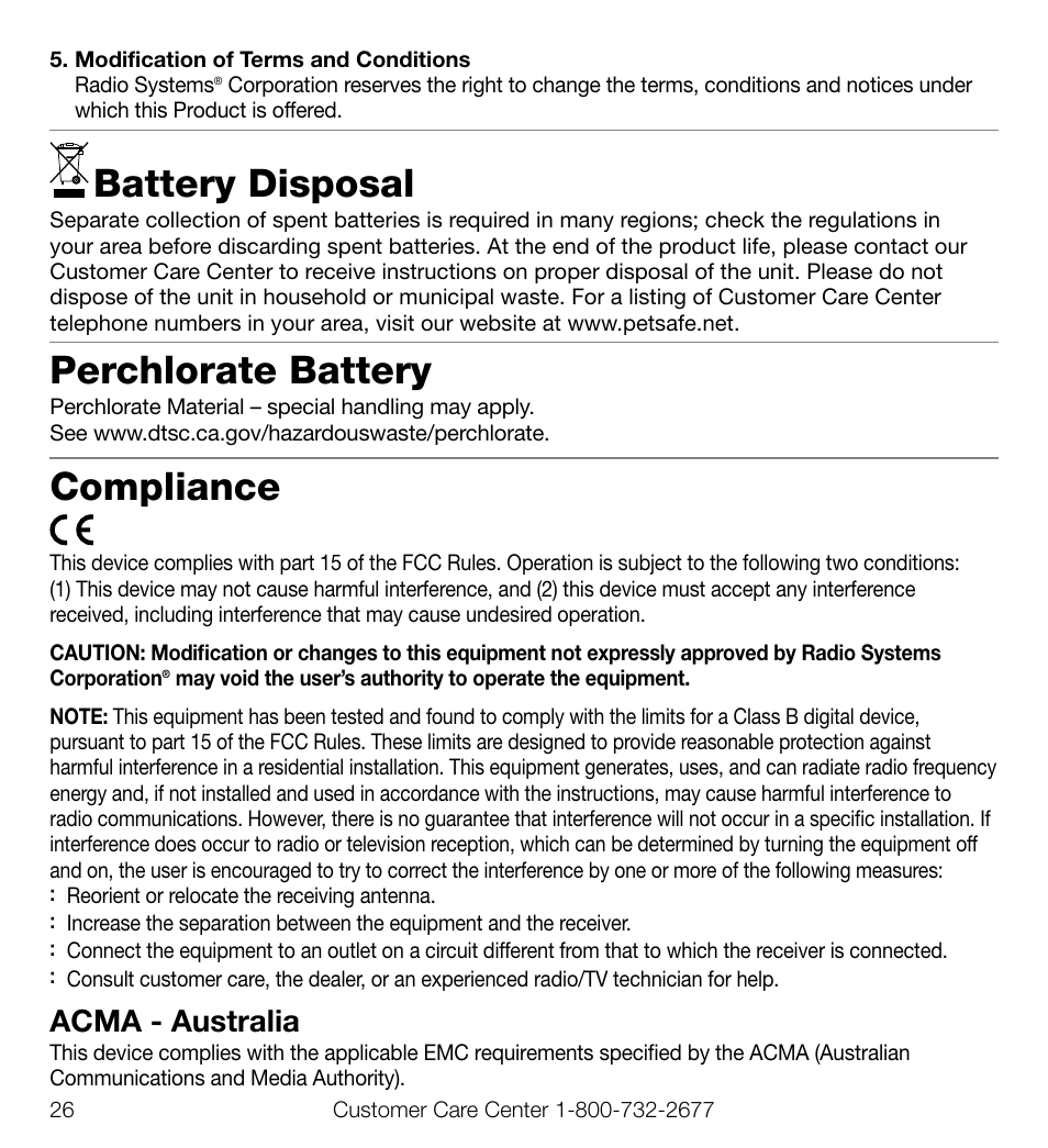 Battery disposal, Perchlorate battery, Compliance | Acma - australia | Petsafe Elite Big Dog Add-A-Dog® Extra Receiver Collar User Manual | Page 26 / 29
