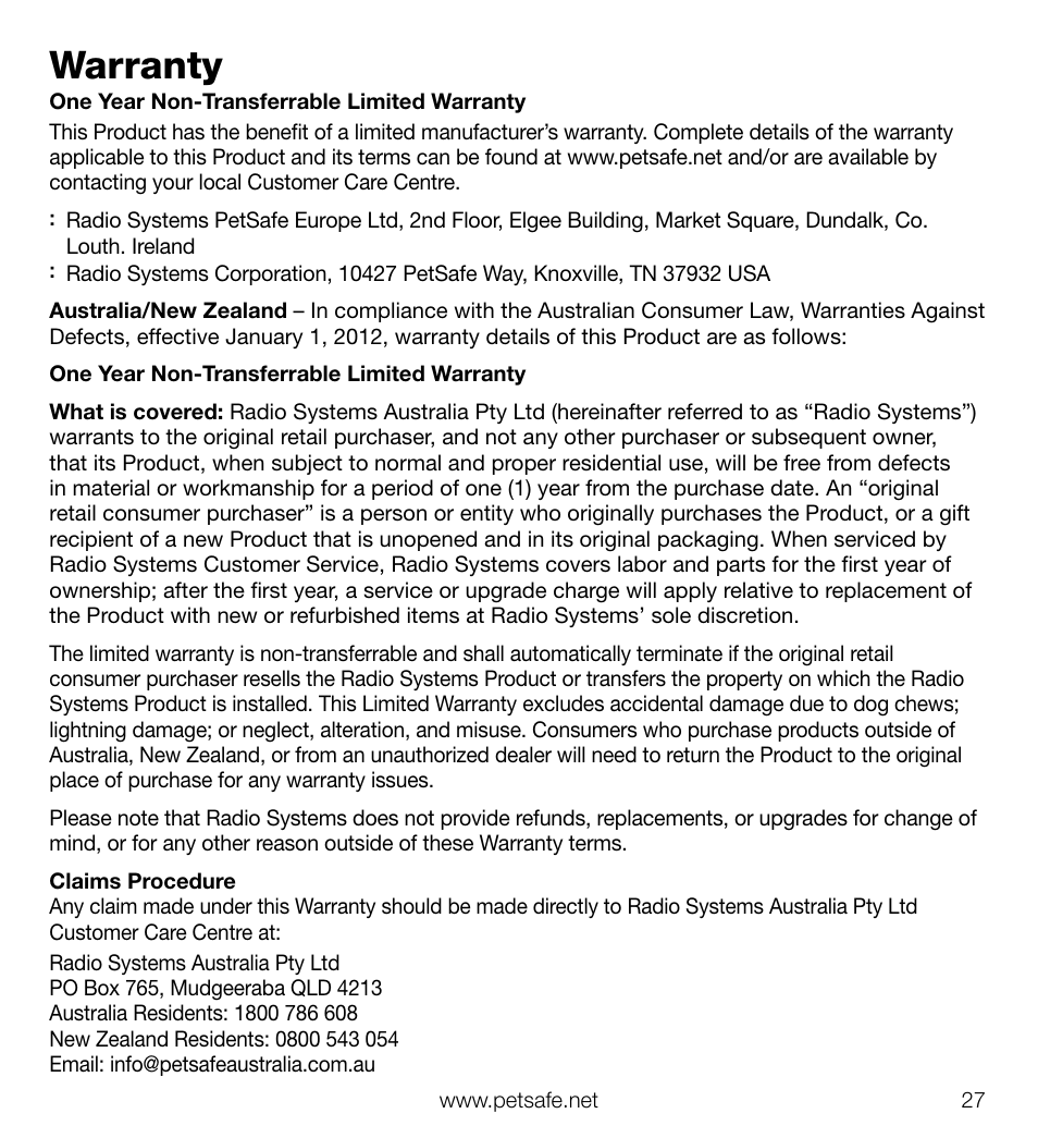 Warranty | Petsafe Elite Big Dog Add-A-Dog® Extra Receiver Collar User Manual | Page 27 / 29