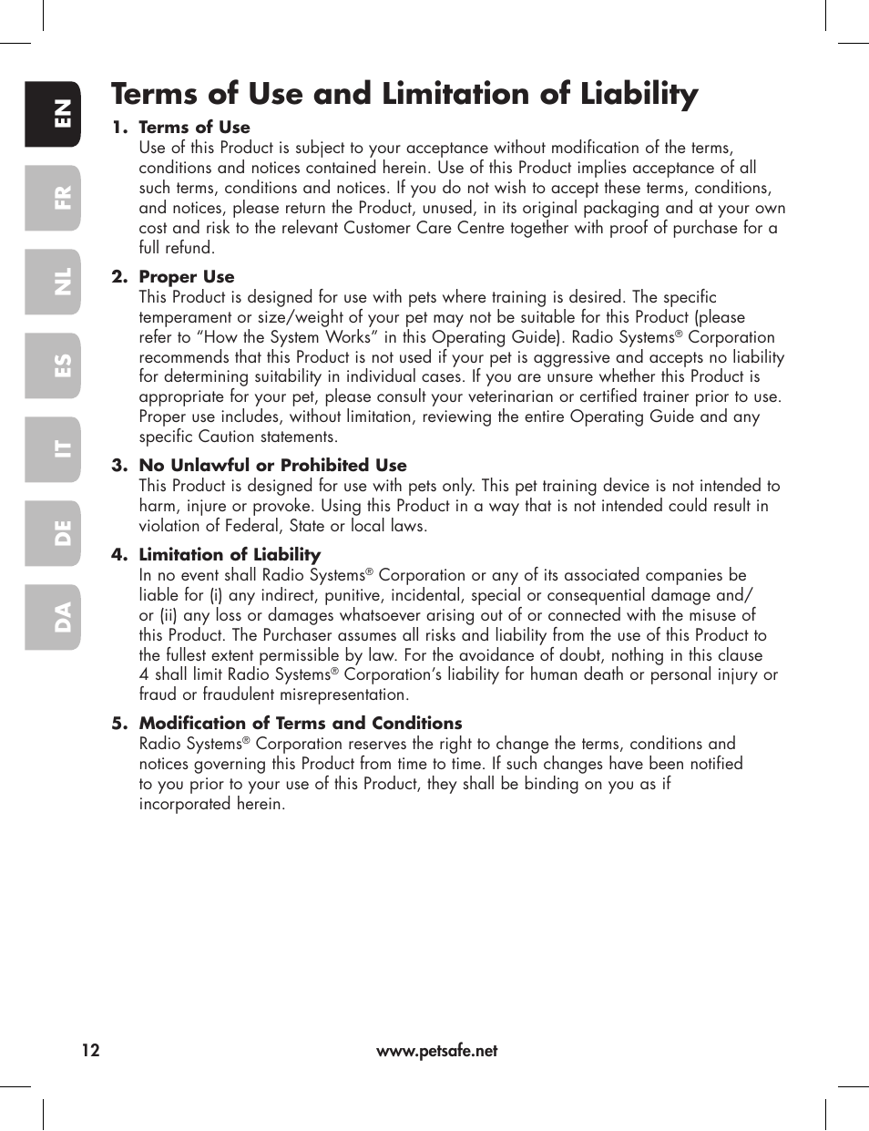 Terms of use and limitation of liability, En fr es nl it da de | Petsafe Elite Big Dog Bark Control User Manual | Page 12 / 88