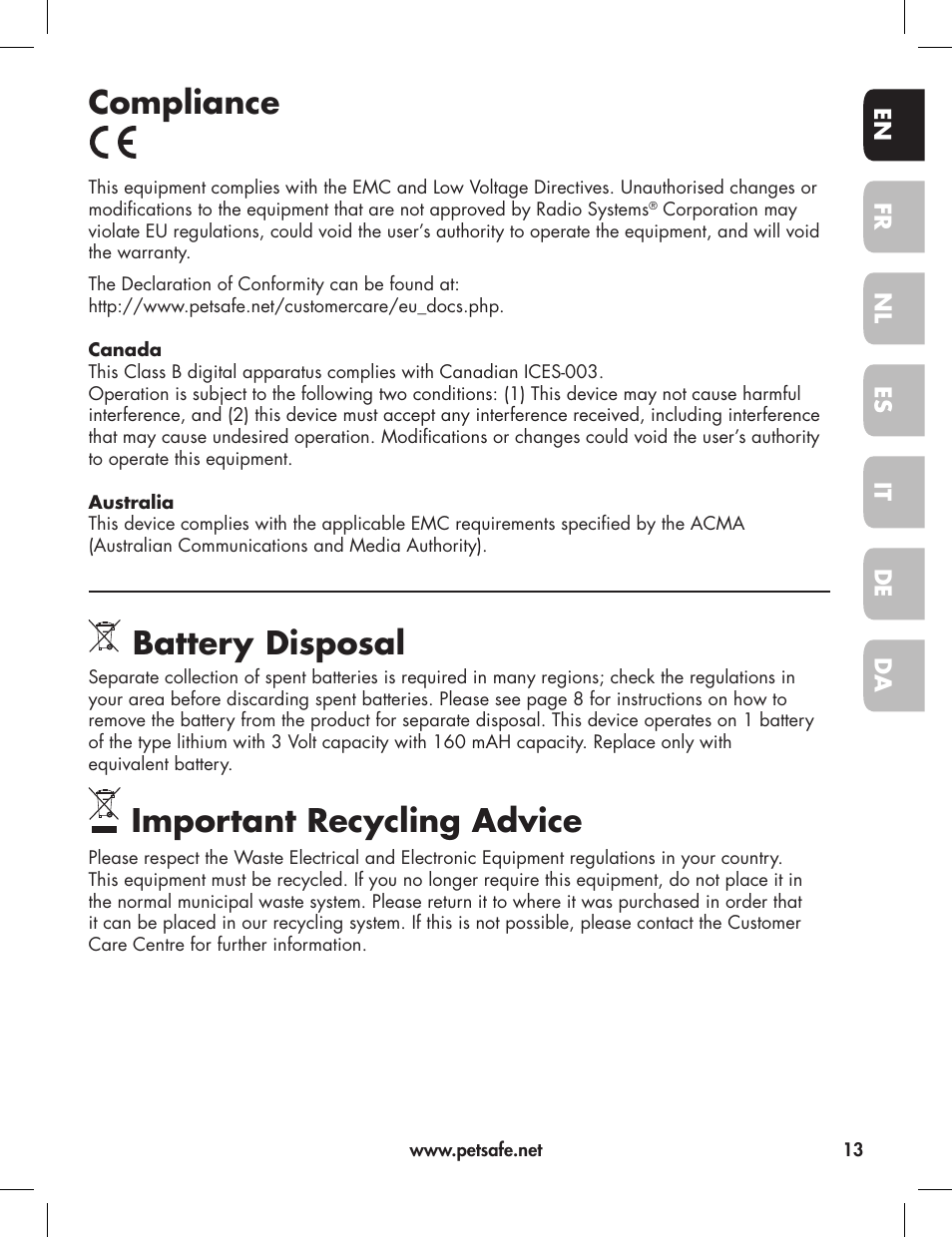 Compliance, Battery disposal, Important recycling advice | Petsafe Elite Big Dog Bark Control User Manual | Page 13 / 88