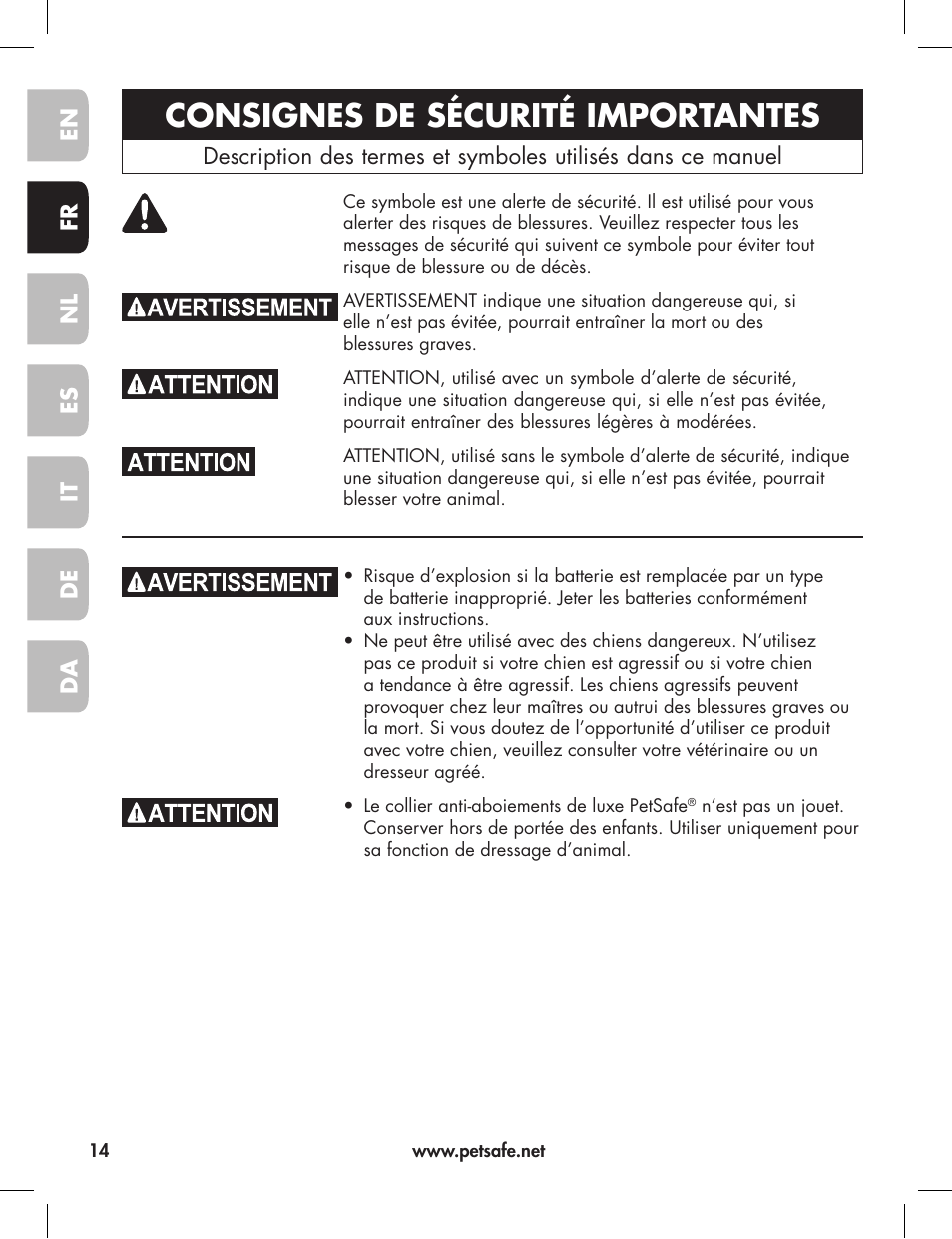 Consignes de sécurité importantes | Petsafe Elite Big Dog Bark Control User Manual | Page 14 / 88