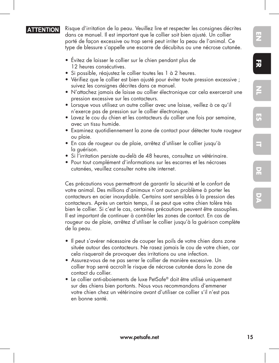 En fr es nl it da de | Petsafe Elite Big Dog Bark Control User Manual | Page 15 / 88
