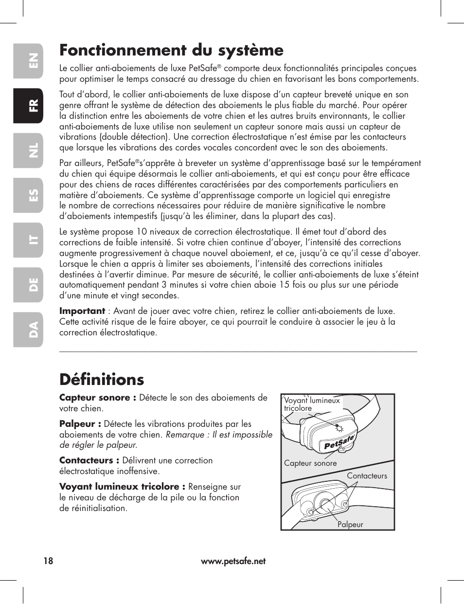 Fonctionnement du système, Définitions, En fr es nl it da de | Petsafe Elite Big Dog Bark Control User Manual | Page 18 / 88