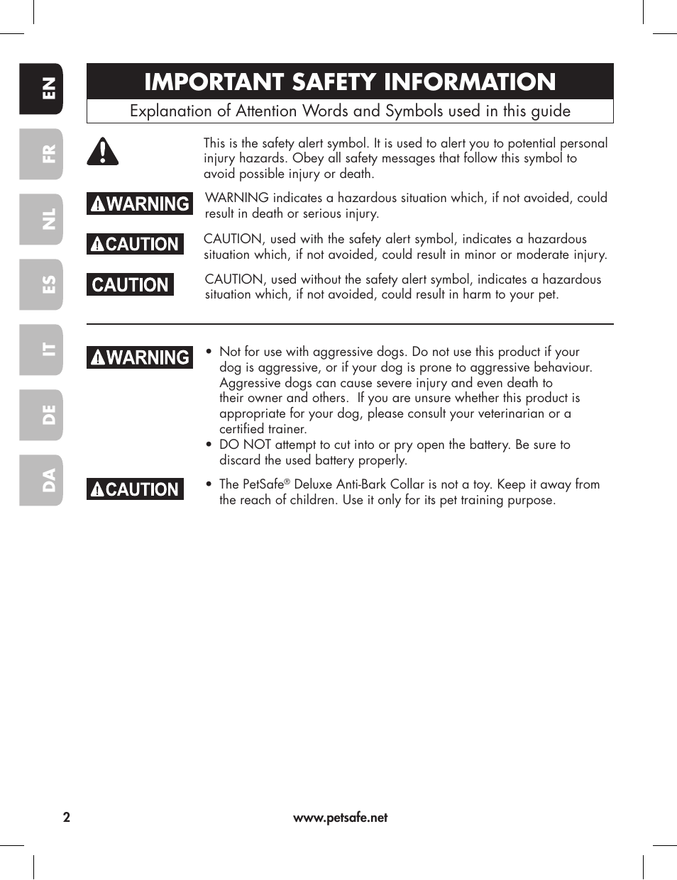 Important safety information | Petsafe Elite Big Dog Bark Control User Manual | Page 2 / 88