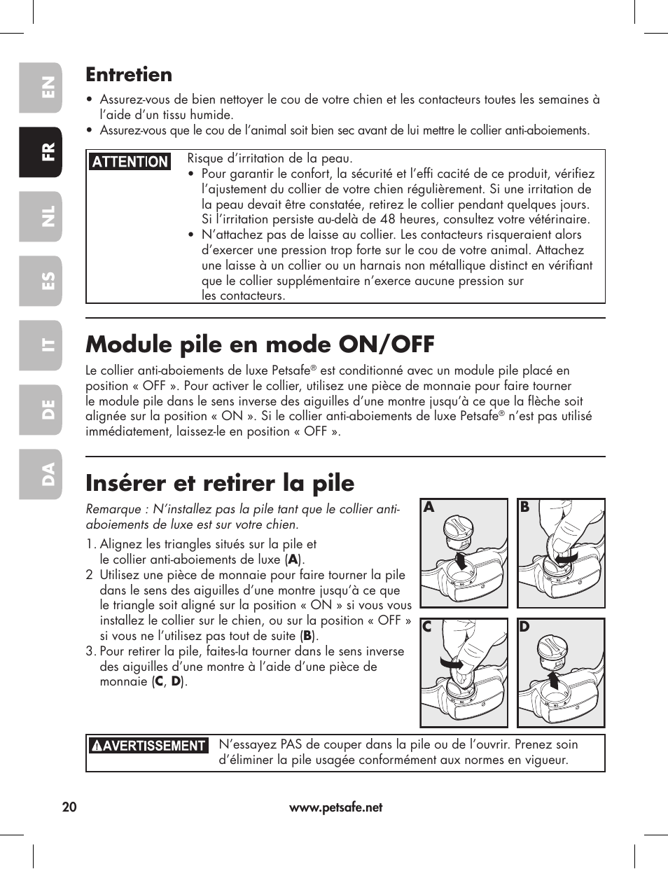 Module pile en mode on/off, Insérer et retirer la pile, Entretien | Petsafe Elite Big Dog Bark Control User Manual | Page 20 / 88