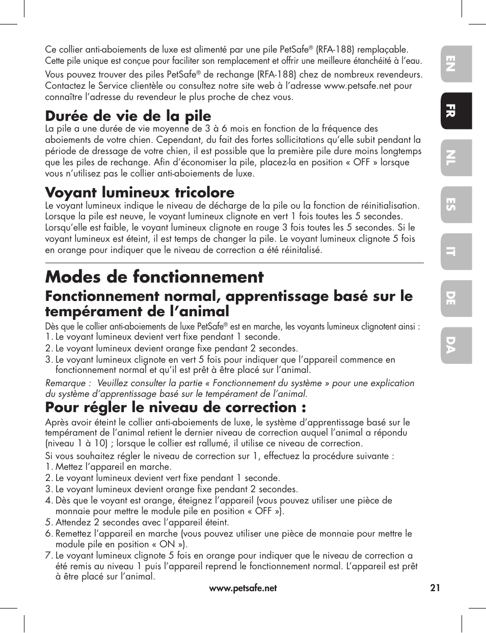 Modes de fonctionnement, Durée de vie de la pile, Voyant lumineux tricolore | Pour régler le niveau de correction | Petsafe Elite Big Dog Bark Control User Manual | Page 21 / 88