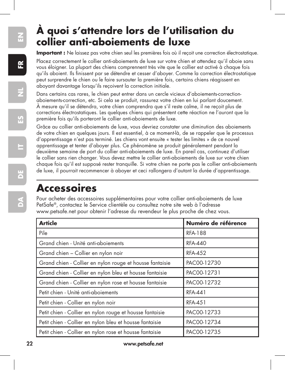 Accessoires | Petsafe Elite Big Dog Bark Control User Manual | Page 22 / 88