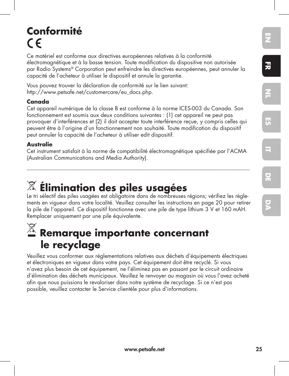 Conformité, Élimination des piles usagées, Remarque importante concernant le recyclage | Petsafe Elite Big Dog Bark Control User Manual | Page 25 / 88
