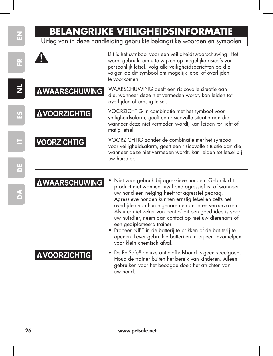 Belangrijke veiligheidsinformatie | Petsafe Elite Big Dog Bark Control User Manual | Page 26 / 88