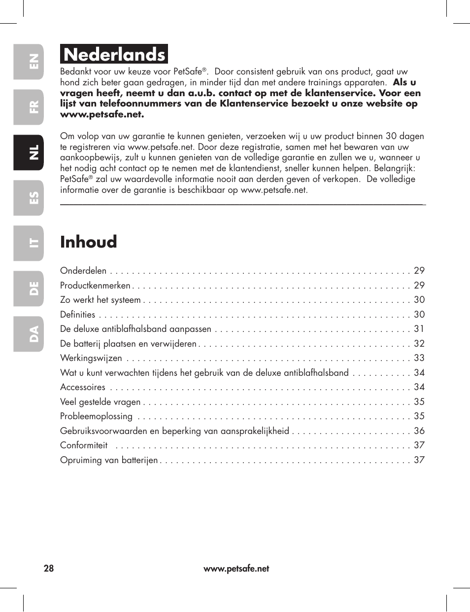 Nederlands, Inhoud | Petsafe Elite Big Dog Bark Control User Manual | Page 28 / 88