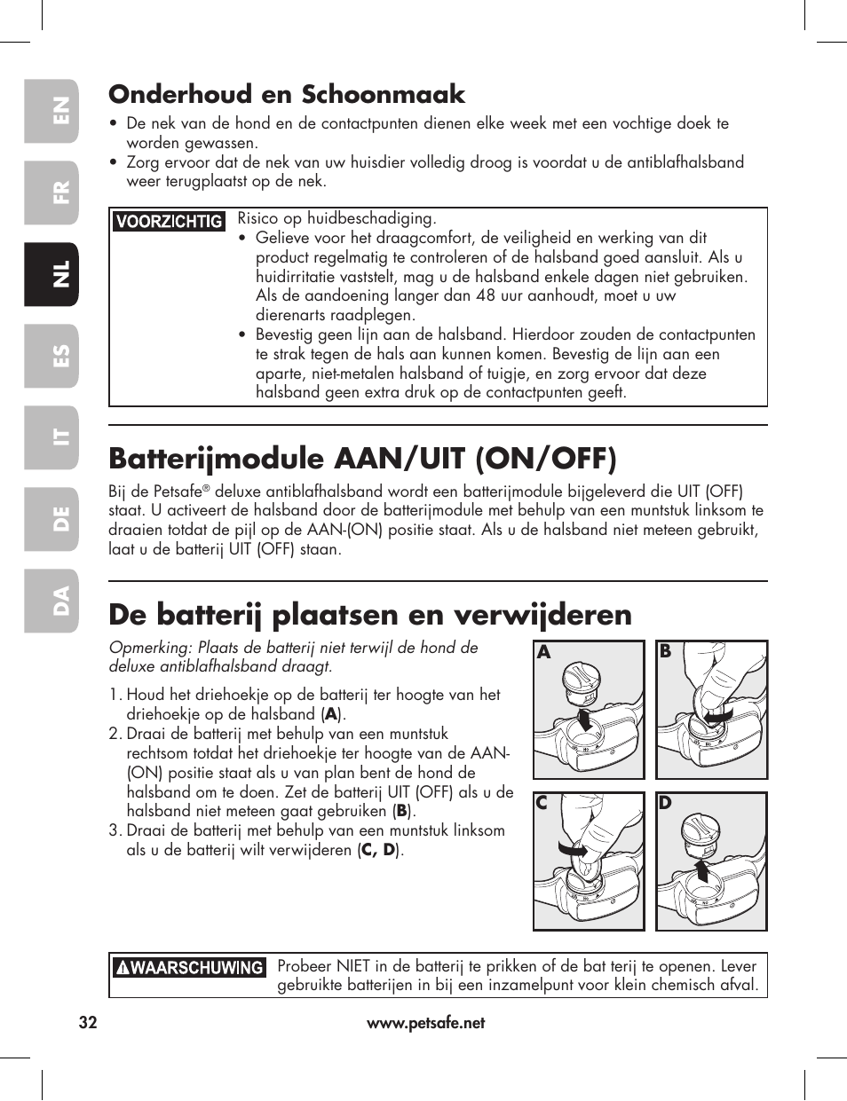 Batterijmodule aan/uit (on/off), De batterij plaatsen en verwijderen, Onderhoud en schoonmaak | Petsafe Elite Big Dog Bark Control User Manual | Page 32 / 88
