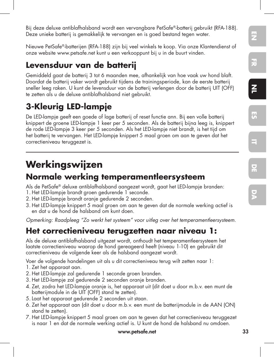 Werkingswijzen, Levensduur van de batterij, Kleurig led-lampje | Normale werking temperamentleersysteem, Het correctieniveau terugzetten naar niveau 1 | Petsafe Elite Big Dog Bark Control User Manual | Page 33 / 88