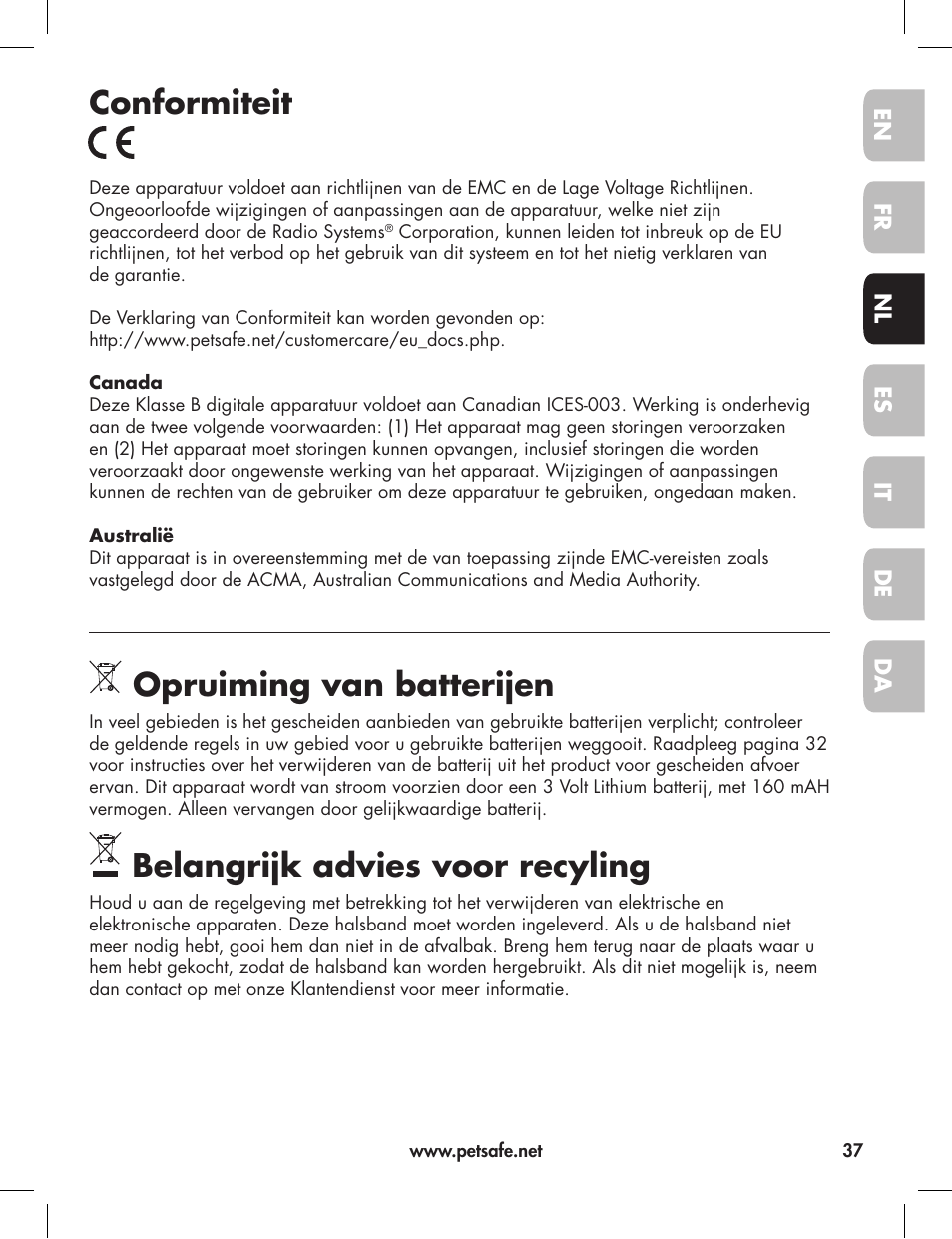 Conformiteit, Opruiming van batterijen, Belangrijk advies voor recyling | Petsafe Elite Big Dog Bark Control User Manual | Page 37 / 88