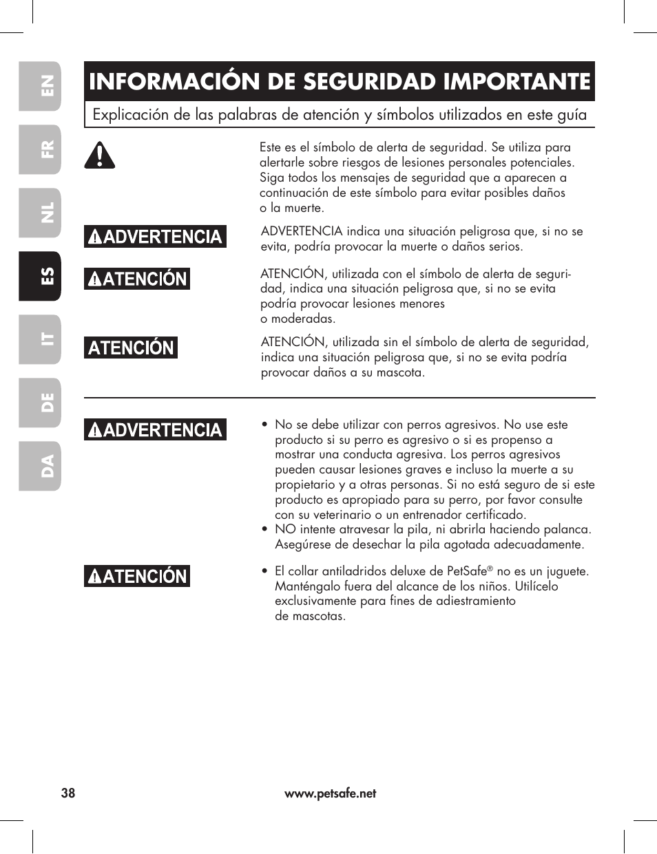 Información de seguridad importante | Petsafe Elite Big Dog Bark Control User Manual | Page 38 / 88