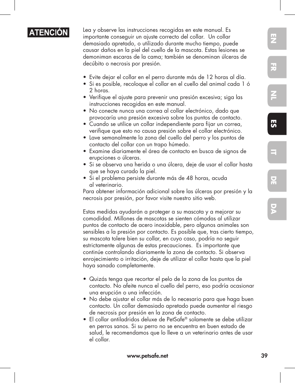 En fr es nl it da de | Petsafe Elite Big Dog Bark Control User Manual | Page 39 / 88