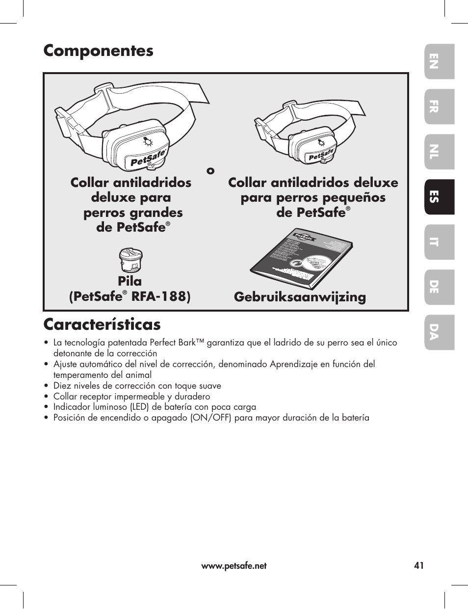 Componentes características, Gebruiksaanwijzing pila (petsafe | Petsafe Elite Big Dog Bark Control User Manual | Page 41 / 88