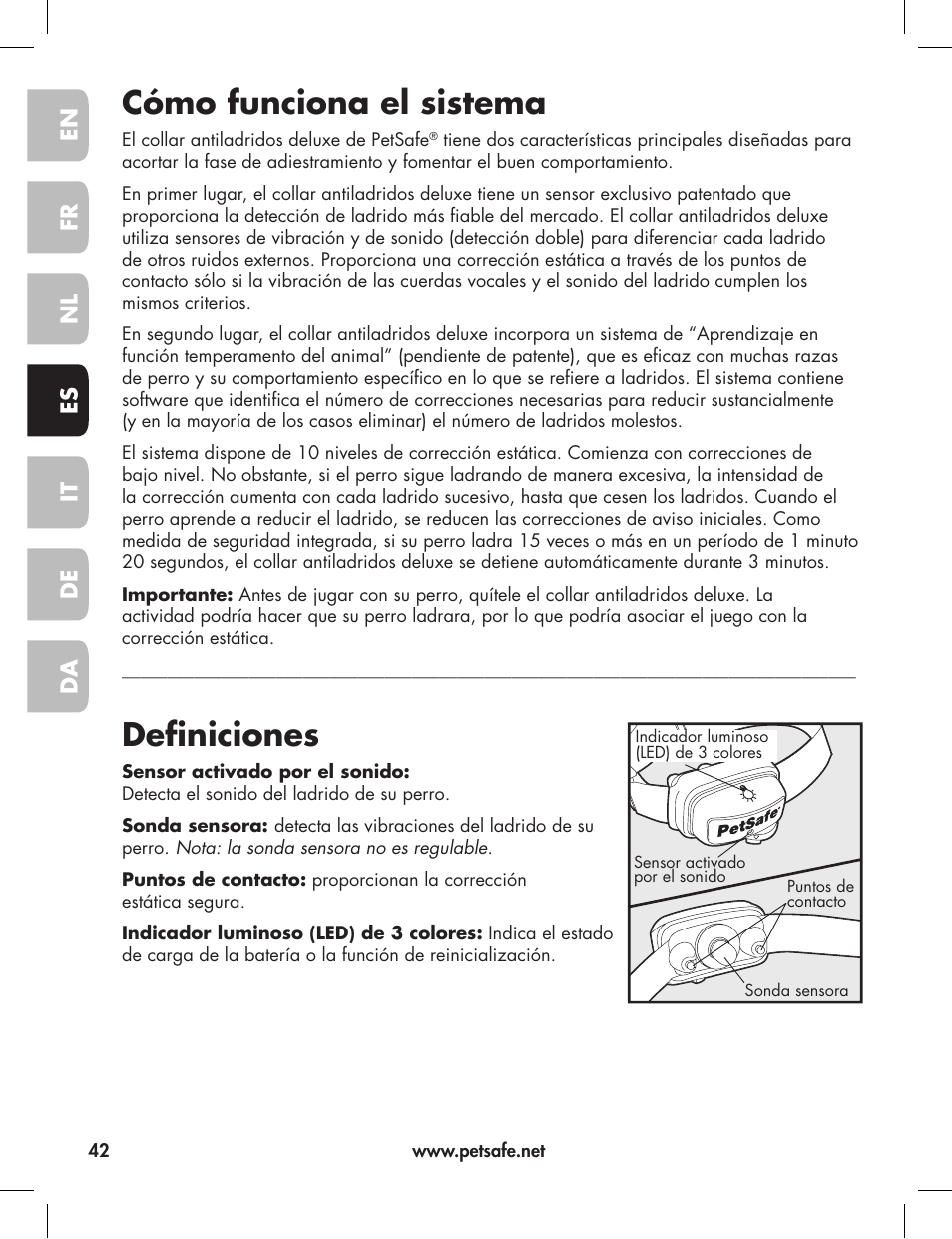 Cómo funciona el sistema, Definiciones | Petsafe Elite Big Dog Bark Control User Manual | Page 42 / 88