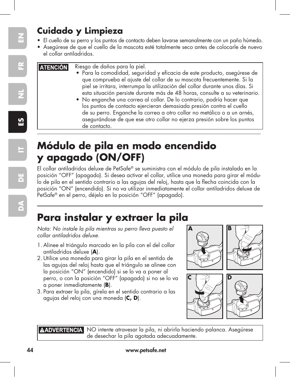 Para instalar y extraer la pila, Cuidado y limpieza | Petsafe Elite Big Dog Bark Control User Manual | Page 44 / 88