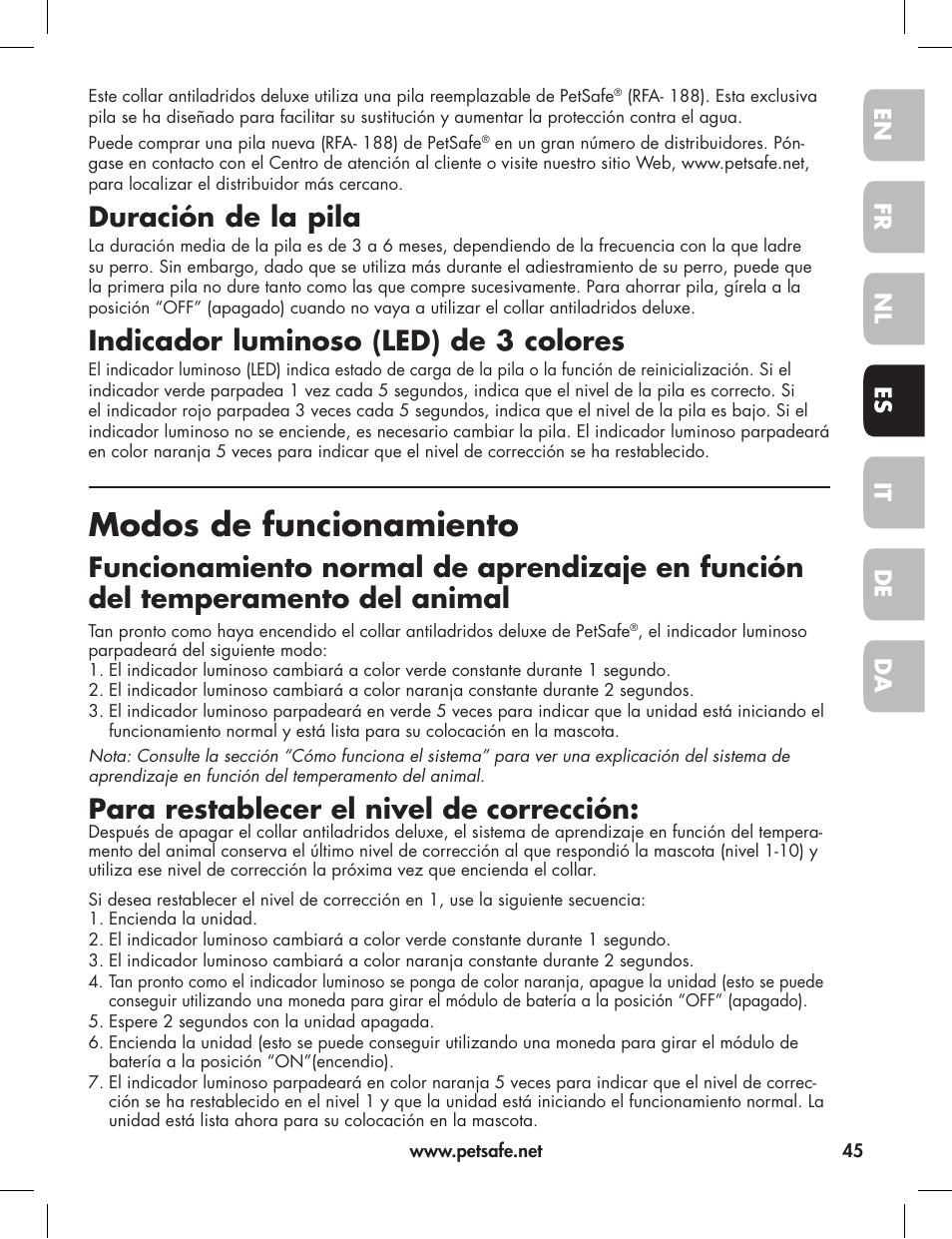 Modos de funcionamiento, Duración de la pila, Indicador luminoso (led) de 3 colores | Para restablecer el nivel de corrección, En fr es nl it da de | Petsafe Elite Big Dog Bark Control User Manual | Page 45 / 88