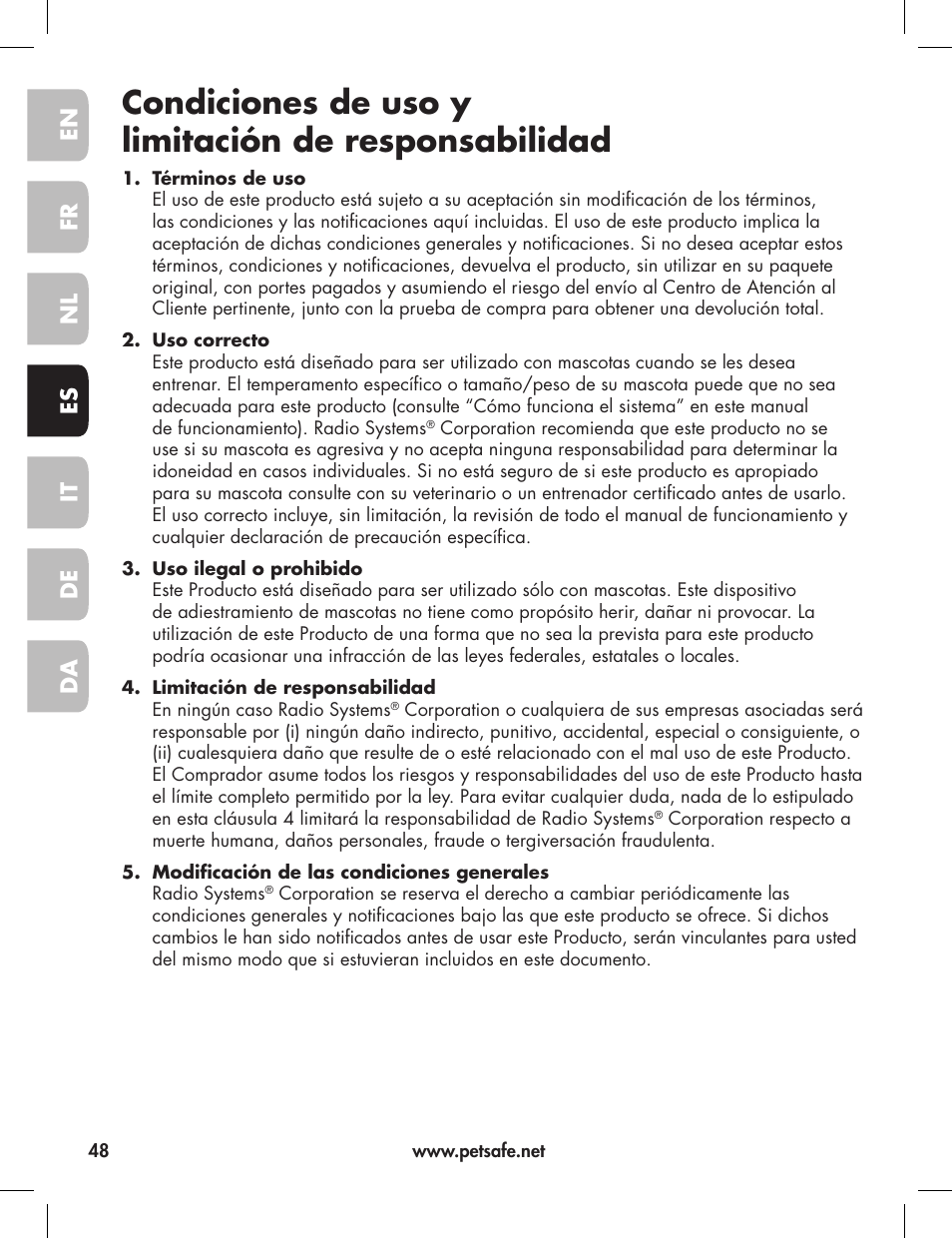 Condiciones de uso y limitación de responsabilidad, En fr es nl it da de | Petsafe Elite Big Dog Bark Control User Manual | Page 48 / 88