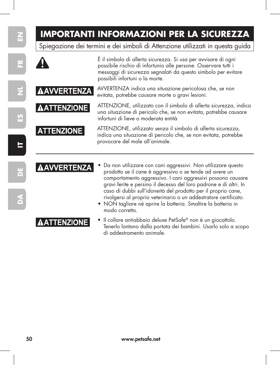 Importanti informazioni per la sicurezza | Petsafe Elite Big Dog Bark Control User Manual | Page 50 / 88