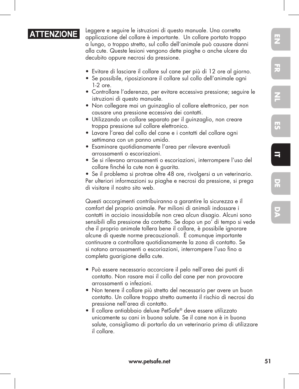 En fr es nl it da de | Petsafe Elite Big Dog Bark Control User Manual | Page 51 / 88