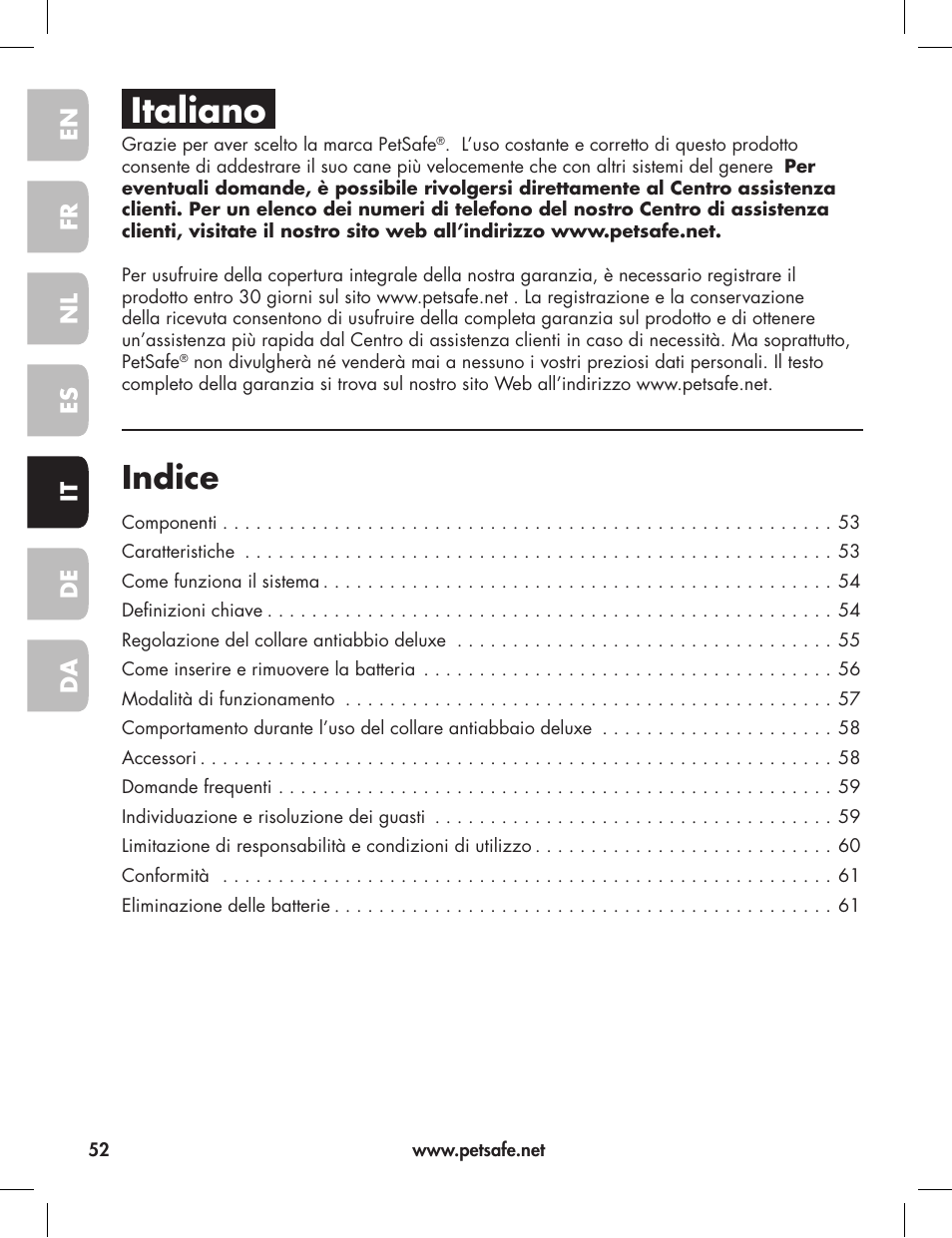 Italiano, Indice | Petsafe Elite Big Dog Bark Control User Manual | Page 52 / 88