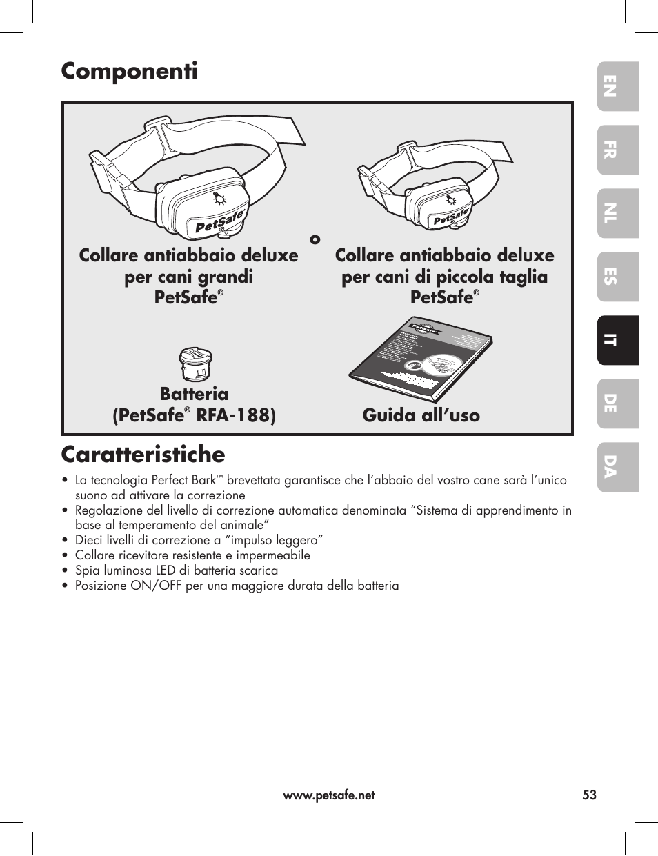 Componenti caratteristiche, Guida all’uso batteria (petsafe | Petsafe Elite Big Dog Bark Control User Manual | Page 53 / 88