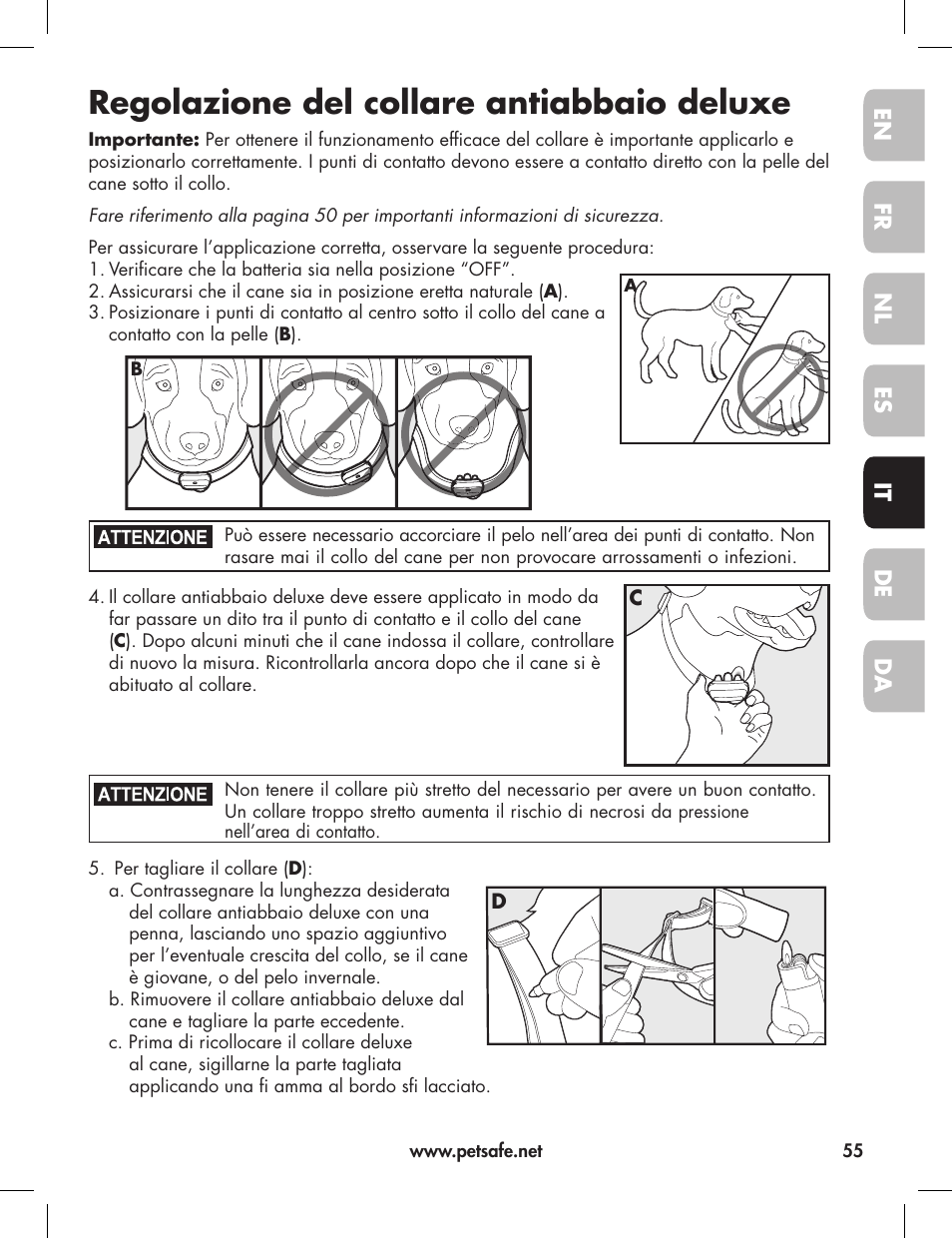 Regolazione del collare antiabbaio deluxe | Petsafe Elite Big Dog Bark Control User Manual | Page 55 / 88