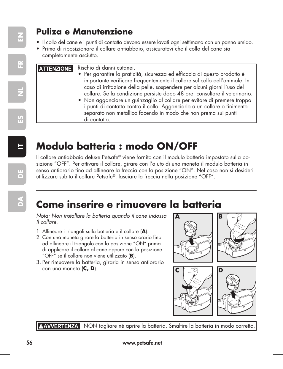 Modulo batteria : modo on/off, Come inserire e rimuovere la batteria, Puliza e manutenzione | Petsafe Elite Big Dog Bark Control User Manual | Page 56 / 88