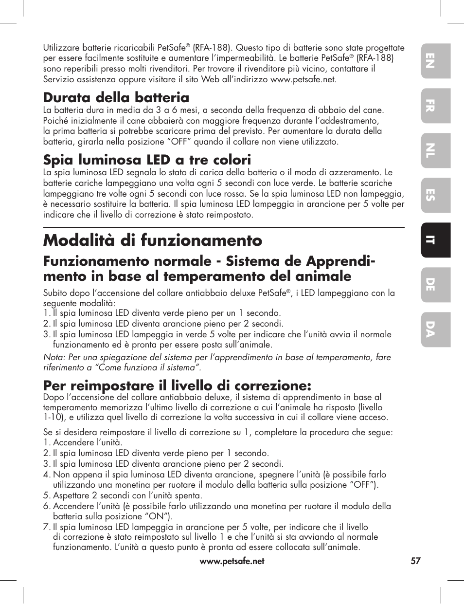 Modalità di funzionamento, Durata della batteria, Spia luminosa led a tre colori | Per reimpostare il livello di correzione | Petsafe Elite Big Dog Bark Control User Manual | Page 57 / 88
