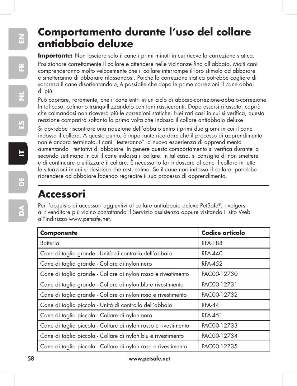 Accessori | Petsafe Elite Big Dog Bark Control User Manual | Page 58 / 88